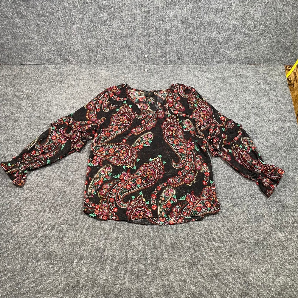JM Collection Womens Paisley Floral Burnout Ruffle Sleeve Blouse Black Red Large